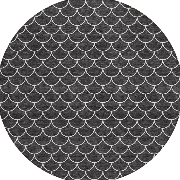 8' Black And Ivory Round Geometric Washable Indoor Outdoor Area Rug