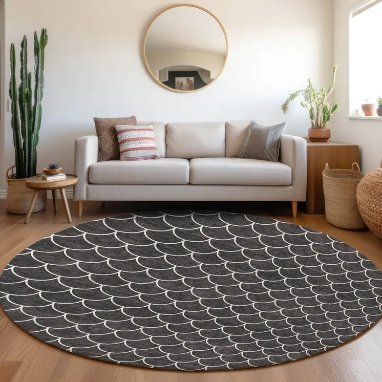 8' Black And Ivory Round Geometric Washable Indoor Outdoor Area Rug