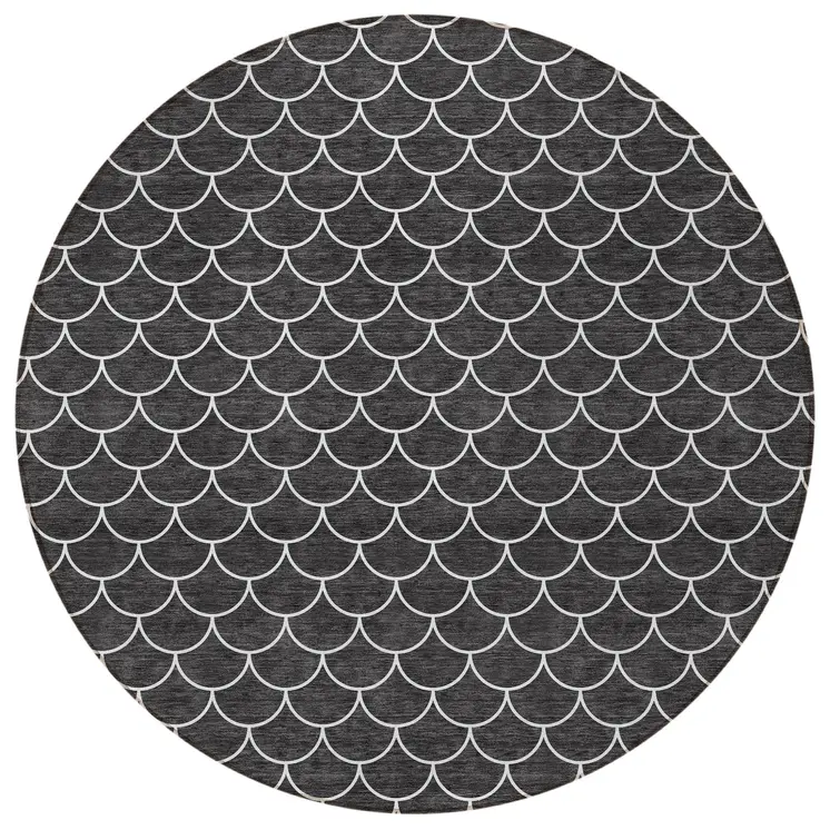8' Black And Ivory Round Geometric Washable Indoor Outdoor Area Rug