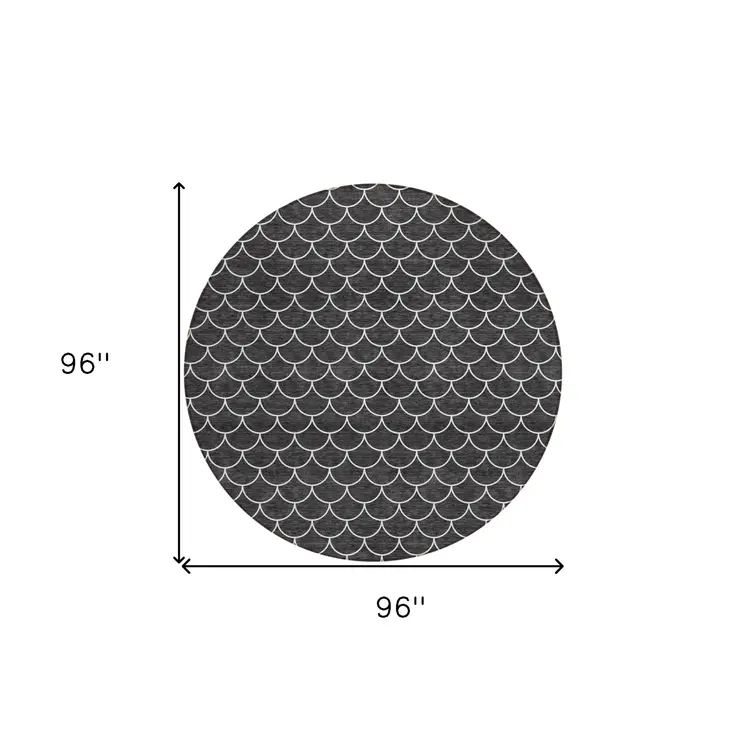8' Black And Ivory Round Geometric Washable Indoor Outdoor Area Rug