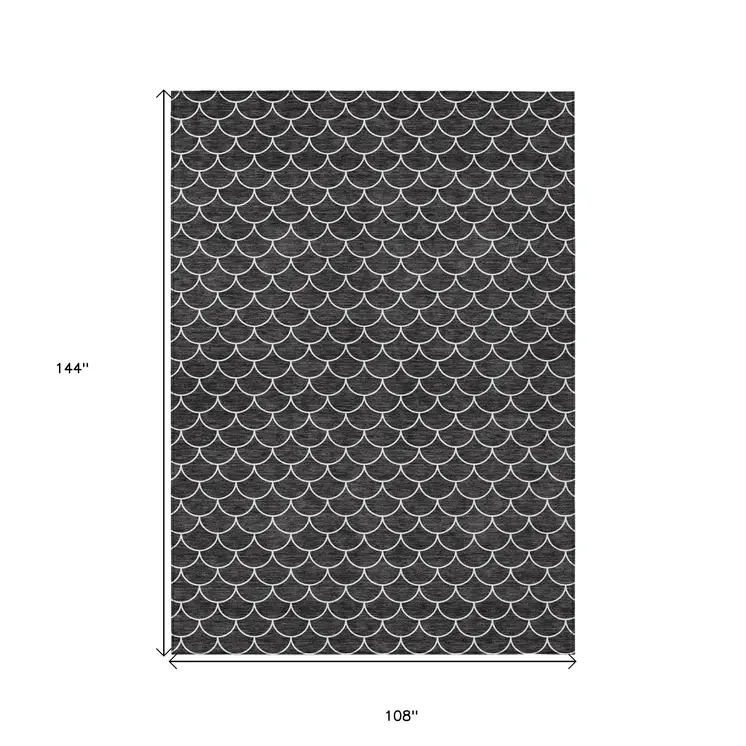 9' X 12' Black And Ivory Geometric Washable Indoor Outdoor Area Rug