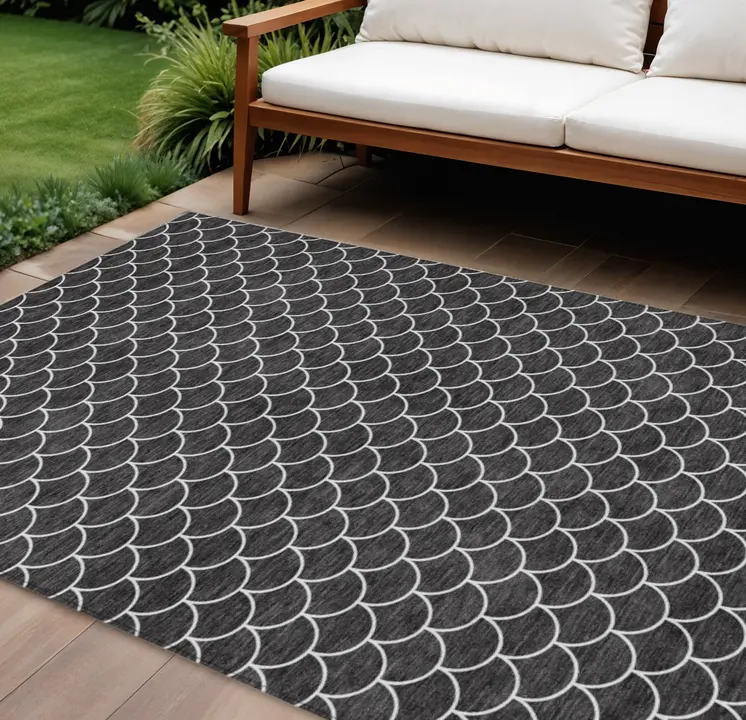 9' X 12' Black And Ivory Geometric Washable Indoor Outdoor Area Rug