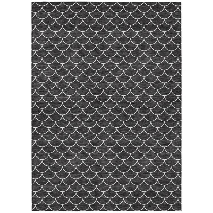 9' X 12' Black And Ivory Geometric Washable Indoor Outdoor Area Rug