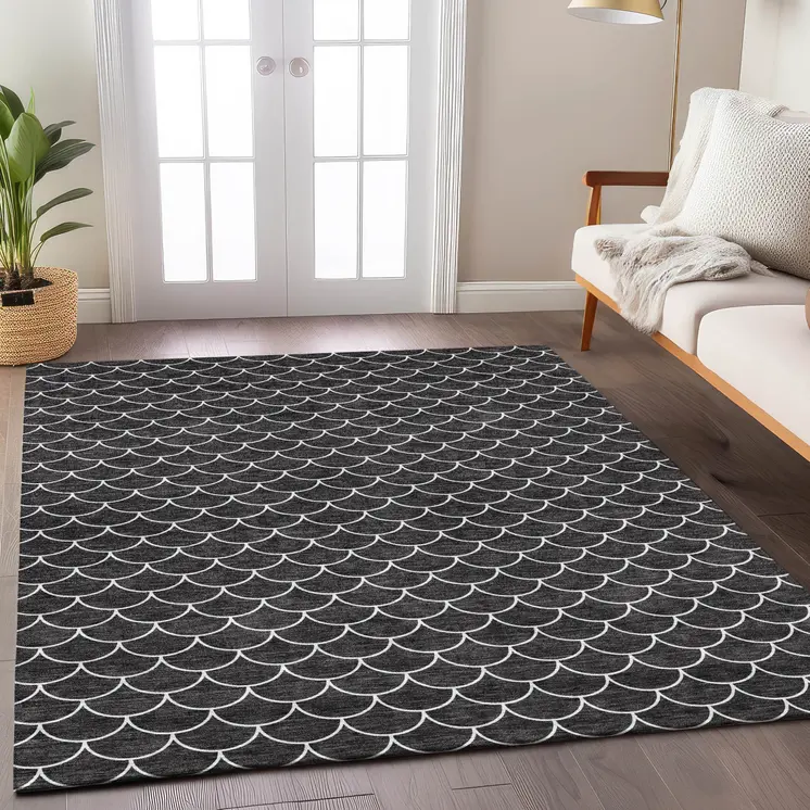 9' X 12' Black And Ivory Geometric Washable Indoor Outdoor Area Rug