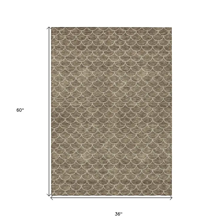 3' X 5' Brown And Beige Geometric Washable Indoor Outdoor Area Rug
