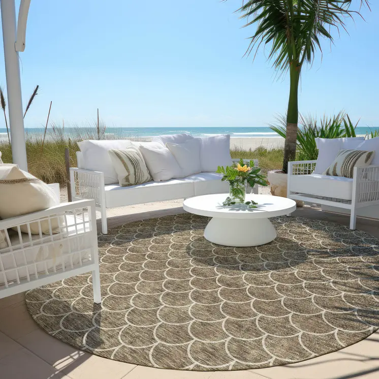 8' Brown And Beige Round Geometric Washable Indoor Outdoor Area Rug
