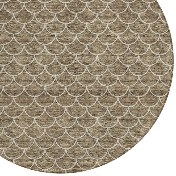 8' Brown And Beige Round Geometric Washable Indoor Outdoor Area Rug