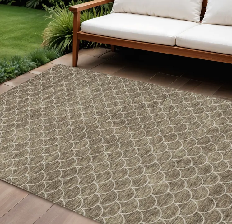 9' X 12' Brown And Beige Geometric Washable Indoor Outdoor Area Rug