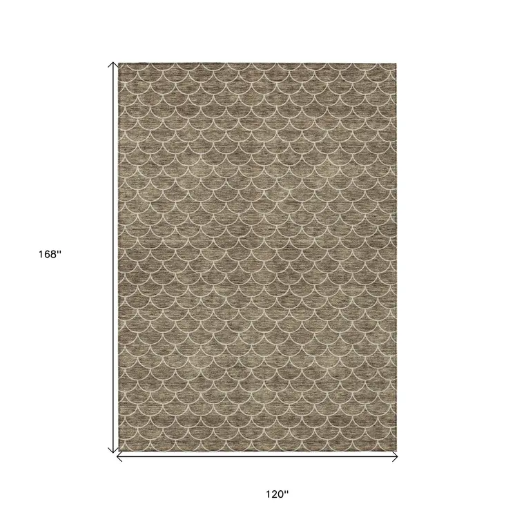 10' X 14' Brown And Beige Geometric Washable Indoor Outdoor Area Rug