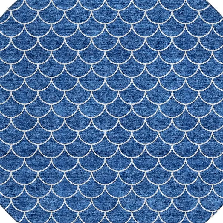 8' Blue And Ivory Round Geometric Washable Indoor Outdoor Area Rug