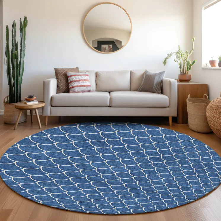 8' Blue And Ivory Round Geometric Washable Indoor Outdoor Area Rug