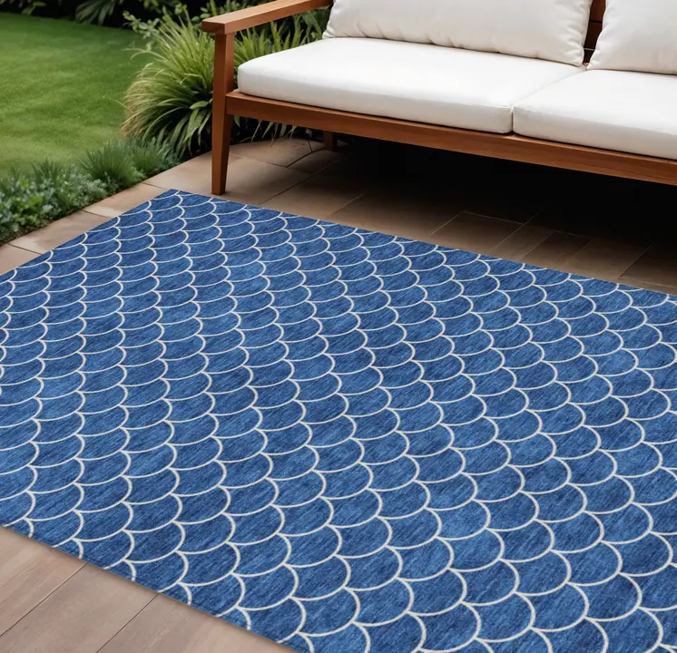 8' X 10' Blue And Ivory Geometric Washable Indoor Outdoor Area Rug