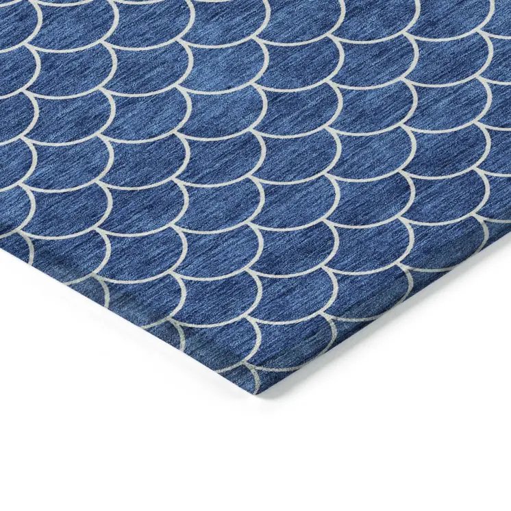 9' X 12' Blue And Ivory Geometric Washable Indoor Outdoor Area Rug