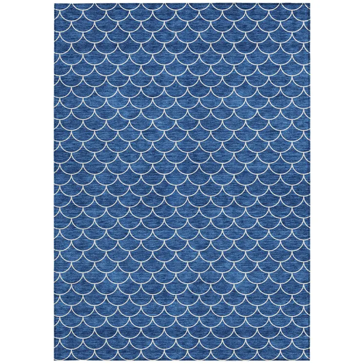 9' X 12' Blue And Ivory Geometric Washable Indoor Outdoor Area Rug