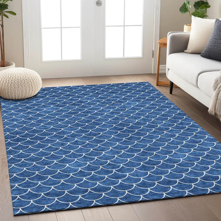 9' X 12' Blue And Ivory Geometric Washable Indoor Outdoor Area Rug