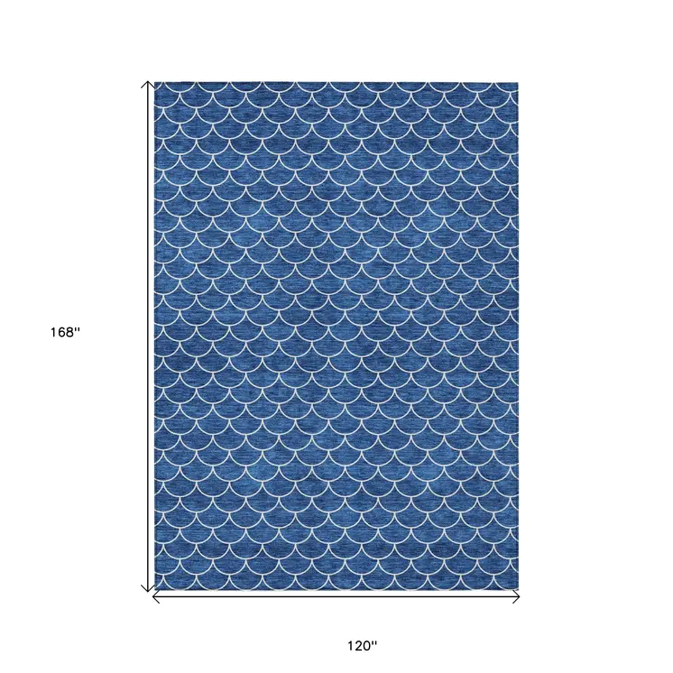 10' X 14' Blue And Ivory Geometric Washable Indoor Outdoor Area Rug