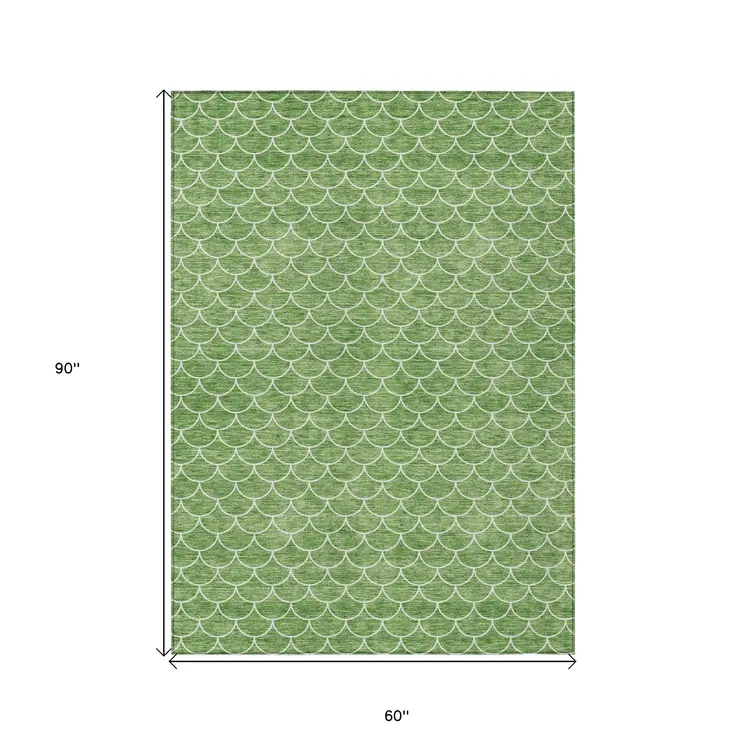 5' X 8' Green And Ivory Geometric Washable Indoor Outdoor Area Rug