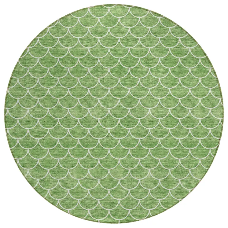 8' Green And Ivory Round Geometric Washable Indoor Outdoor Area Rug