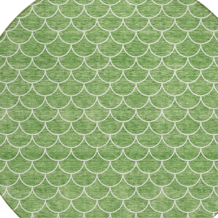 8' Green And Ivory Round Geometric Washable Indoor Outdoor Area Rug