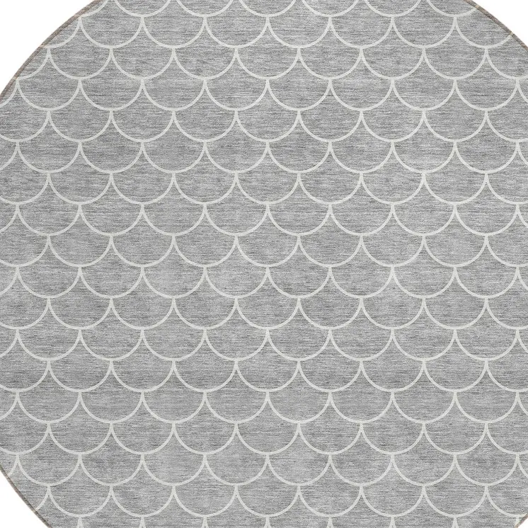 8' Gray And Ivory Round Geometric Washable Indoor Outdoor Area Rug