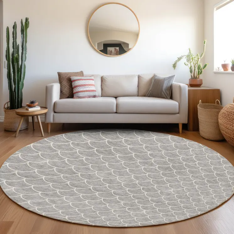 8' Gray And Ivory Round Geometric Washable Indoor Outdoor Area Rug