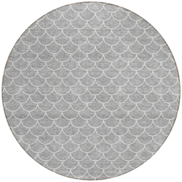 8' Gray And Ivory Round Geometric Washable Indoor Outdoor Area Rug