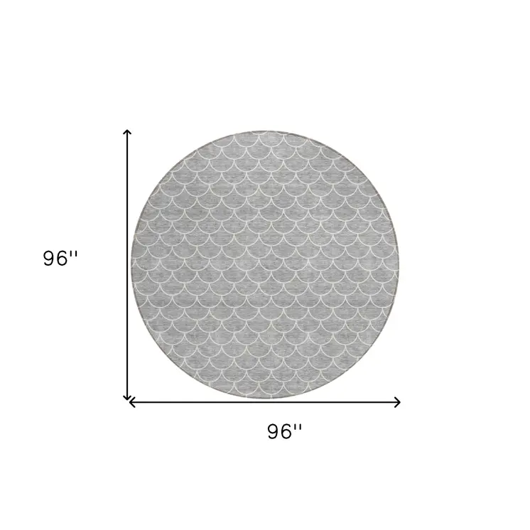8' Gray And Ivory Round Geometric Washable Indoor Outdoor Area Rug