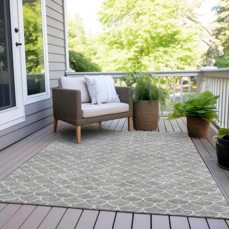 9' X 12' Gray And Ivory Geometric Washable Indoor Outdoor Area Rug
