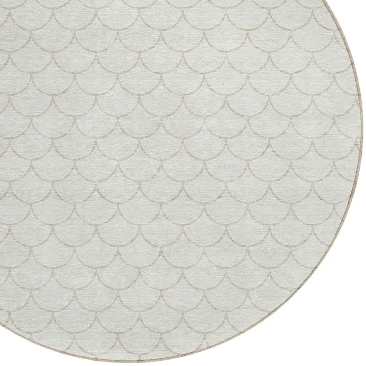 8' Ivory And Beige Round Geometric Washable Indoor Outdoor Area Rug
