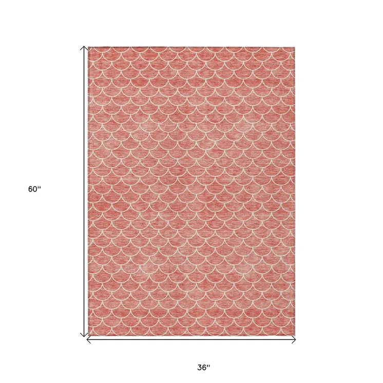 3' X 5' Salmon And Ivory Geometric Washable Indoor Outdoor Area Rug