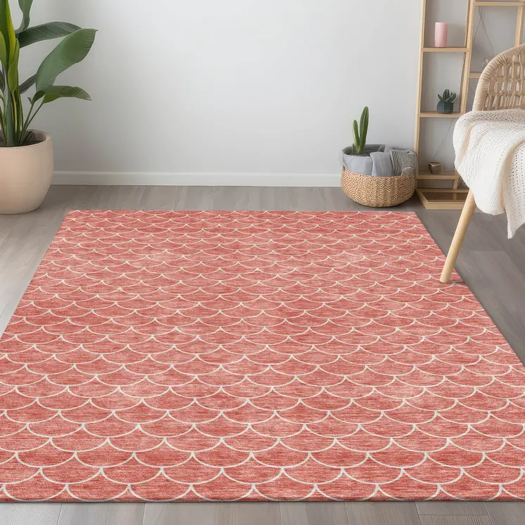 3' X 5' Salmon And Ivory Geometric Washable Indoor Outdoor Area Rug