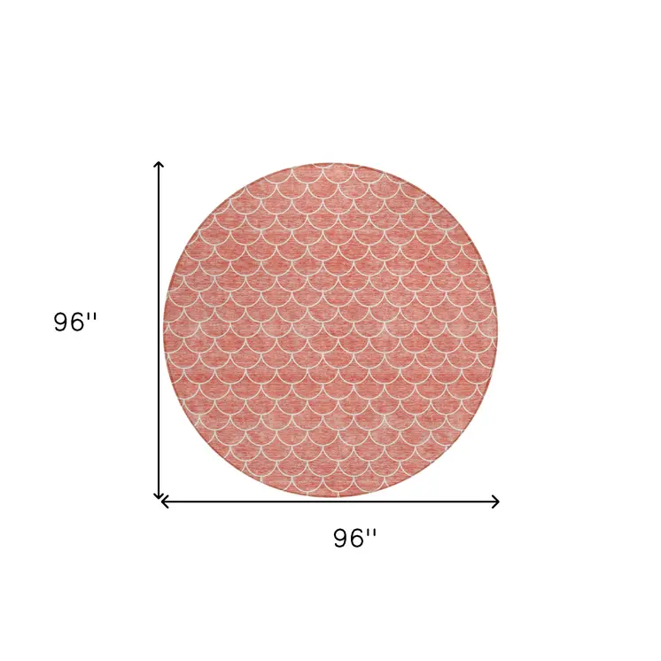 8' Salmon And Ivory Round Geometric Washable Indoor Outdoor Area Rug