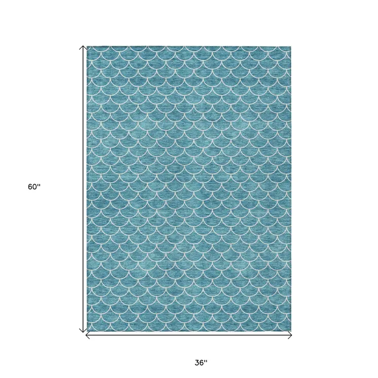 3' X 5' Teal Blue And Ivory Geometric Washable Indoor Outdoor Area Rug