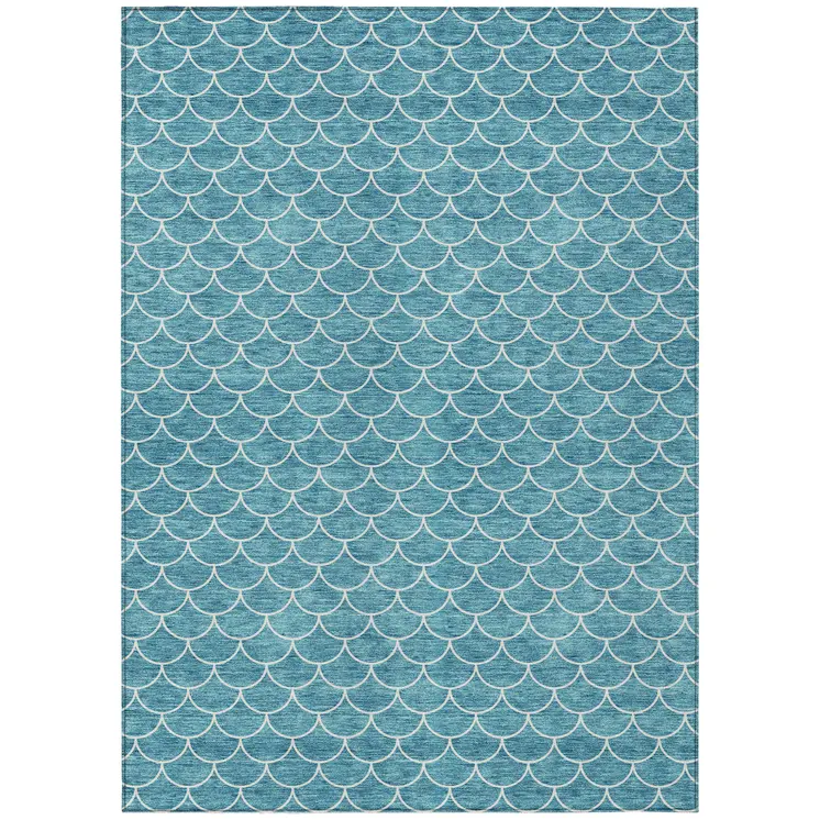 3' X 5' Teal Blue And Ivory Geometric Washable Indoor Outdoor Area Rug
