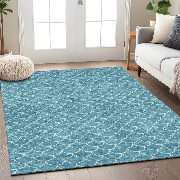 3' X 5' Teal Blue And Ivory Geometric Washable Indoor Outdoor Area Rug