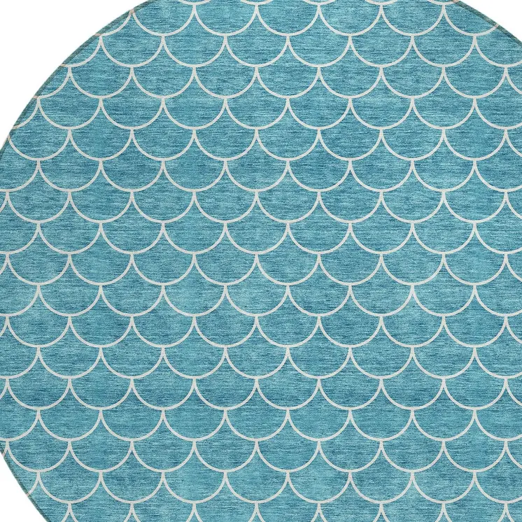8' Teal Blue And Ivory Round Geometric Washable Indoor Outdoor Area Rug