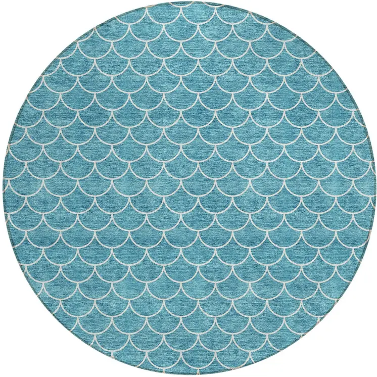 8' Teal Blue And Ivory Round Geometric Washable Indoor Outdoor Area Rug