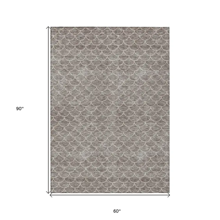 5' X 8' Taupe And Beige Geometric Washable Indoor Outdoor Area Rug