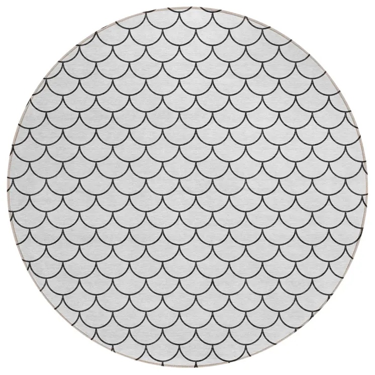 8' White And Black Round Geometric Washable Indoor Outdoor Area Rug