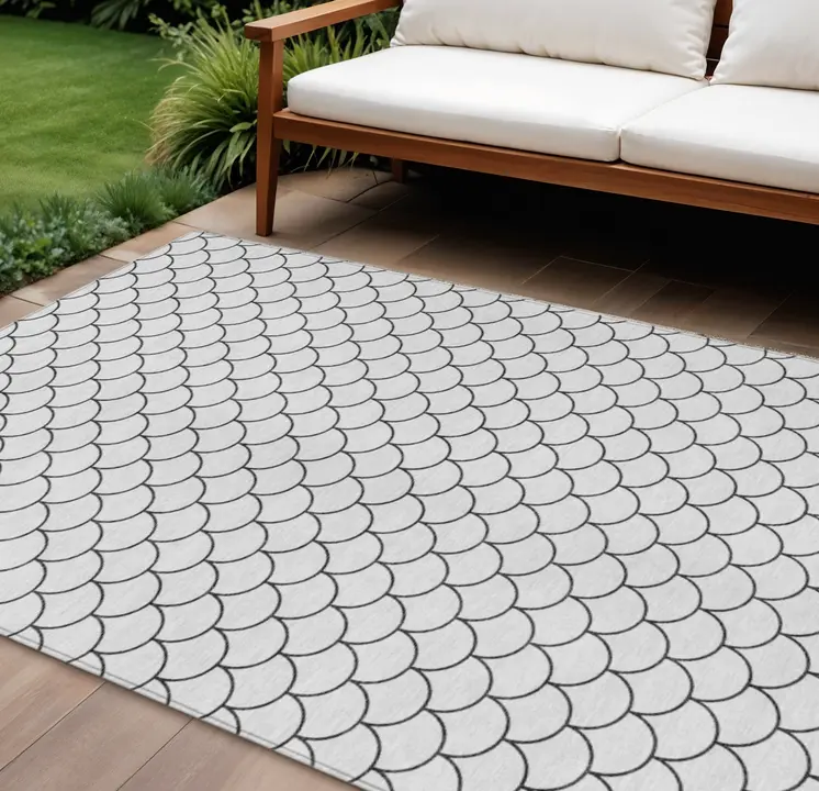9' X 12' White And Black Geometric Washable Indoor Outdoor Area Rug