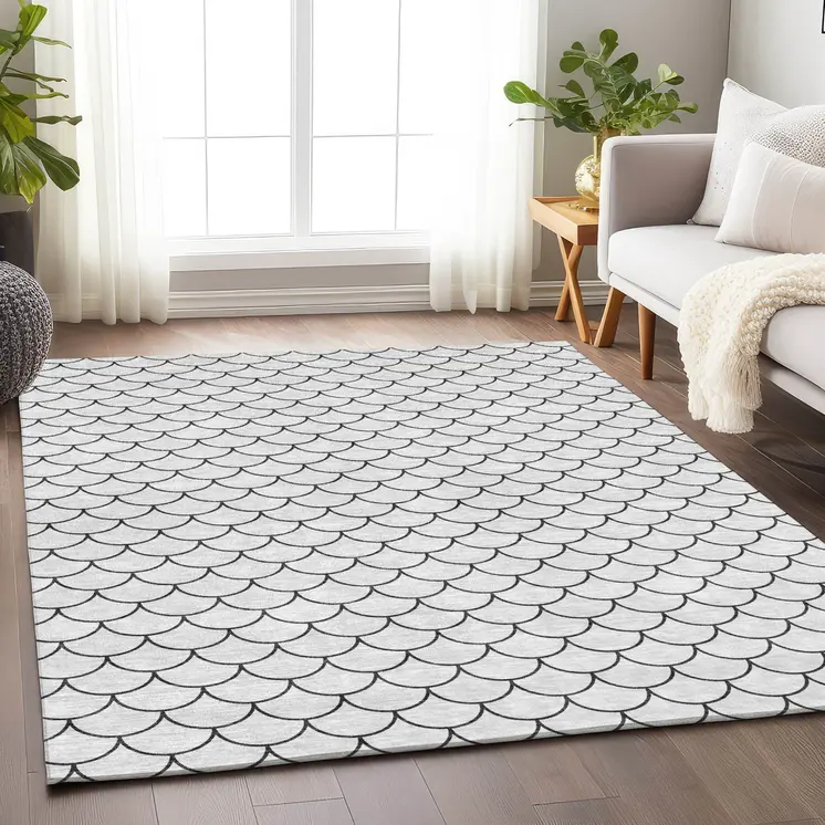 9' X 12' White And Black Geometric Washable Indoor Outdoor Area Rug