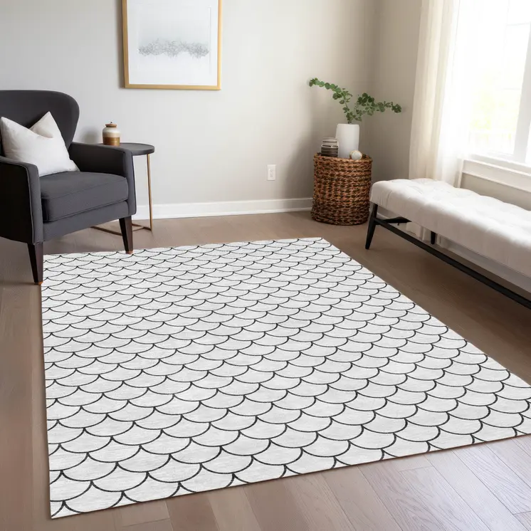 9' X 12' White And Black Geometric Washable Indoor Outdoor Area Rug