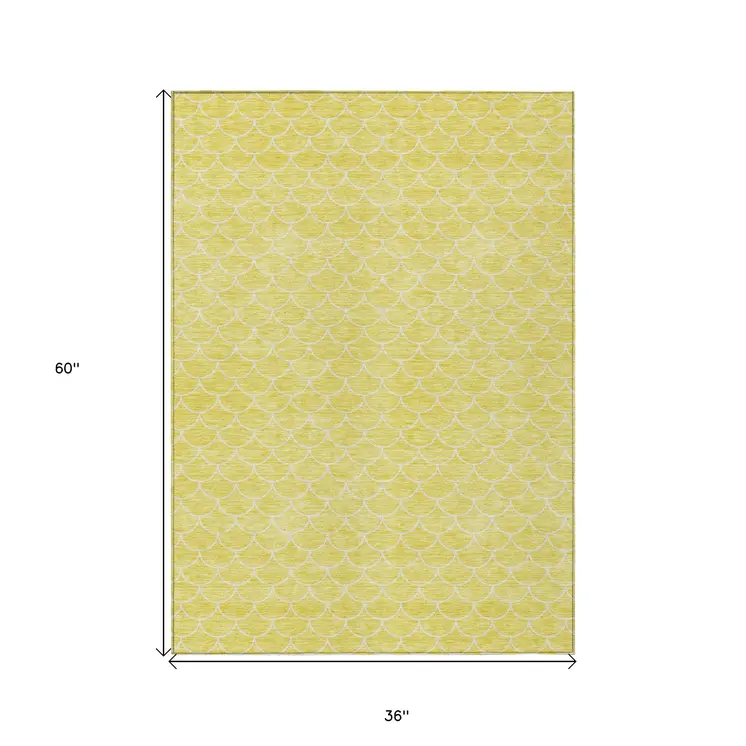 3' X 5' Yellow And Ivory Geometric Washable Indoor Outdoor Area Rug