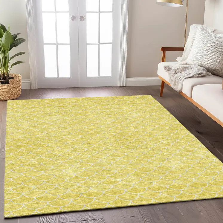 10' X 14' Yellow And Ivory Geometric Washable Indoor Outdoor Area Rug