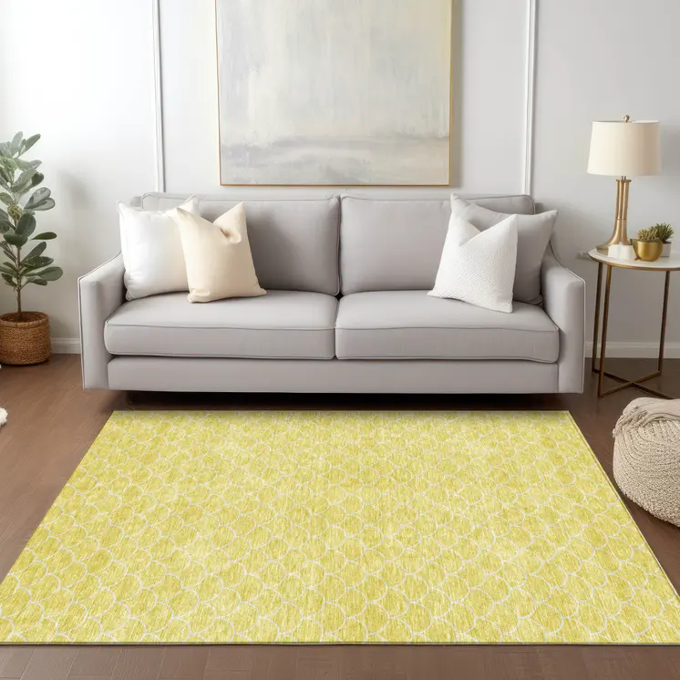 10' X 14' Yellow And Ivory Geometric Washable Indoor Outdoor Area Rug