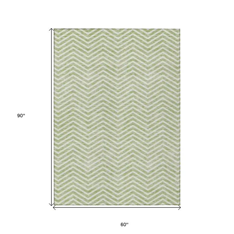 5' X 8' Artichoke Green And Ivory Chevron Washable Indoor Outdoor Area Rug
