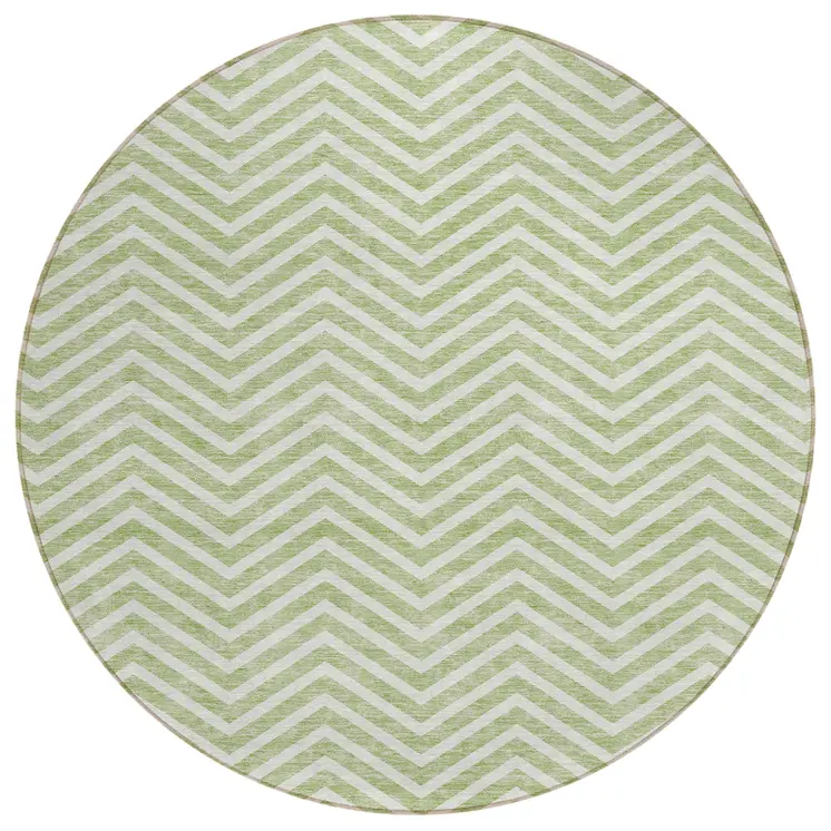 8' Artichoke Green And Ivory Round Chevron Washable Indoor Outdoor Area Rug