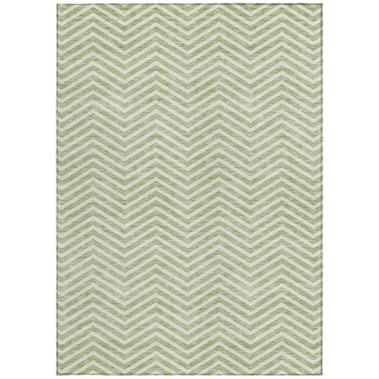9' X 12' Artichoke Green And Ivory Chevron Washable Indoor Outdoor Area Rug