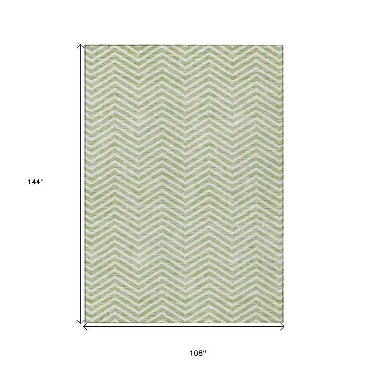 9' X 12' Artichoke Green And Ivory Chevron Washable Indoor Outdoor Area Rug