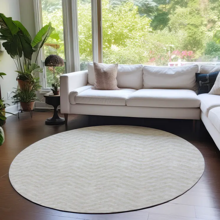 8' Beige And Gray Round Chevron Washable Indoor Outdoor Area Rug